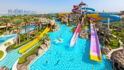 Aerial view of Aquaventure World Dubai with water slides and marine attractions Aerial view of Aquaventure World Dubai with water slides and marine attractions