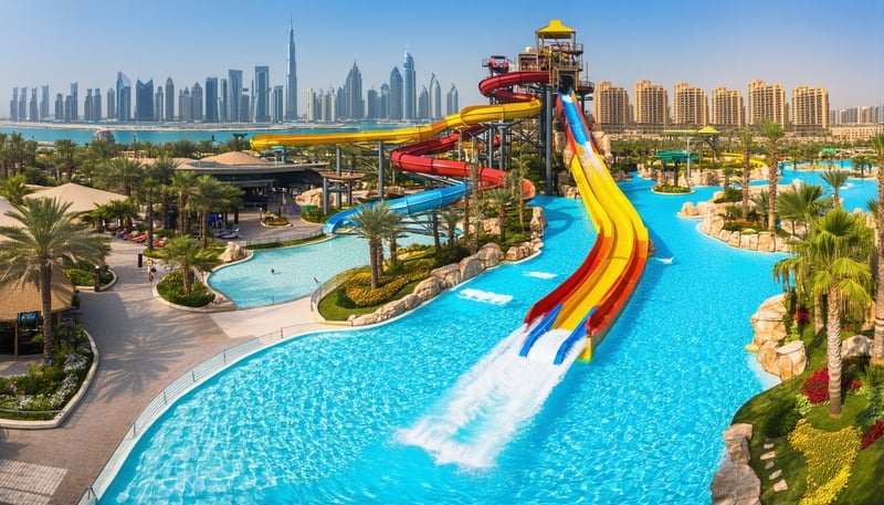 Aerial view of Aquaventure World Dubai waterpark with slides, pools, and Atlantis hotel in the background Aerial view of Aquaventure World Dubai waterpark with slides, pools, and Atlantis hotel in the background