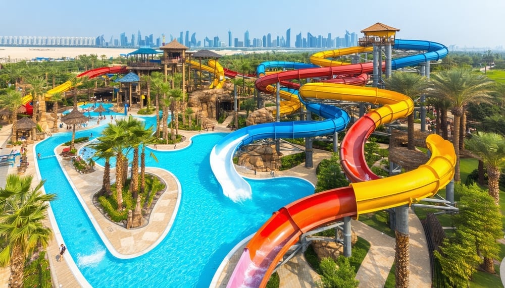 Aerial view of Aquaventure World Dubai showcasing water slides and pools Aerial view of Aquaventure World Dubai showcasing water slides and pools