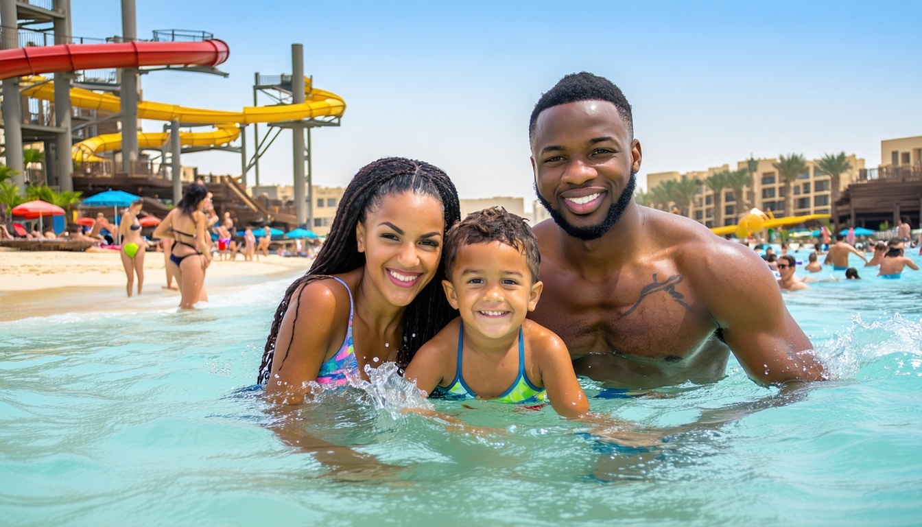 Family enjoying Aquaventure World Dubai beach and pools